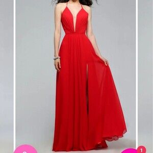 Red Faviana 7747 ballgown laceup back deep v side slit sexy prom dress size 4